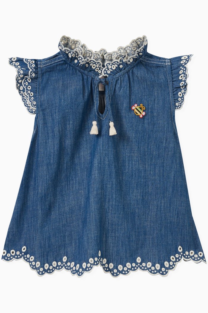 

Scalloped Denim Top in Cotton, Blue