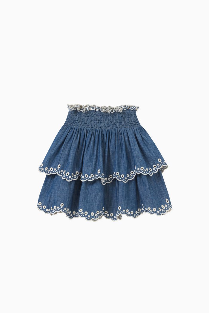 

Tiggy Scallop Denim Skirt in Cotton, Blue