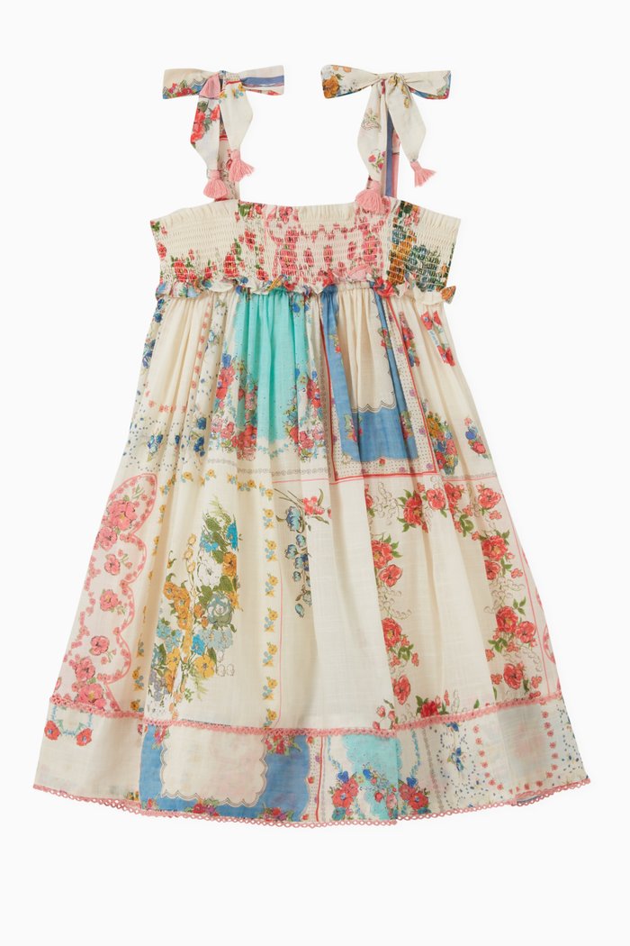 

Floral Clover Shirred Dress in Cotton, Neutral