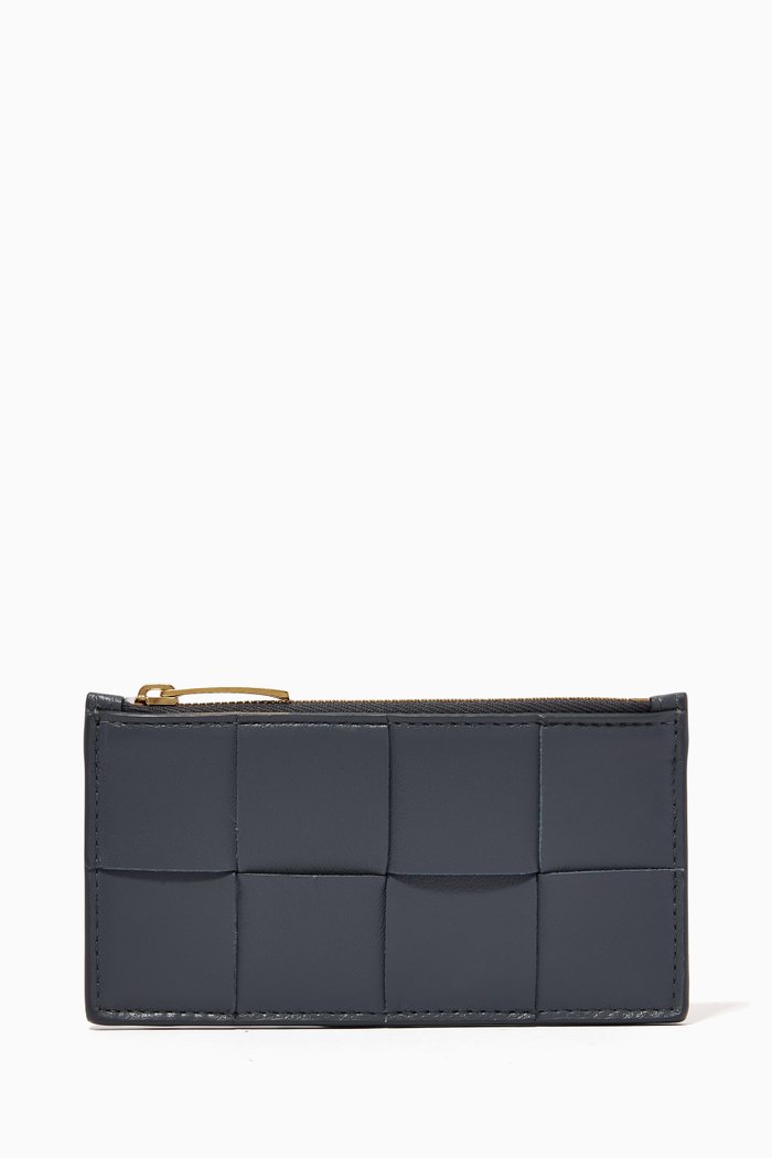 

Zipped Card Case in Intreccio Leather, Grey