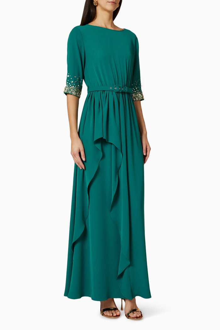 

Sequin-embellished Belted Kaftan, Green