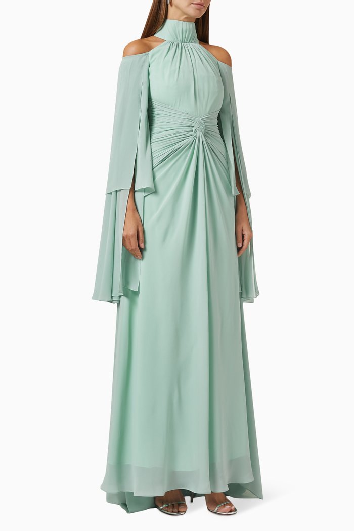 

Draped Knot Maxi Dress in Crepe, Blue