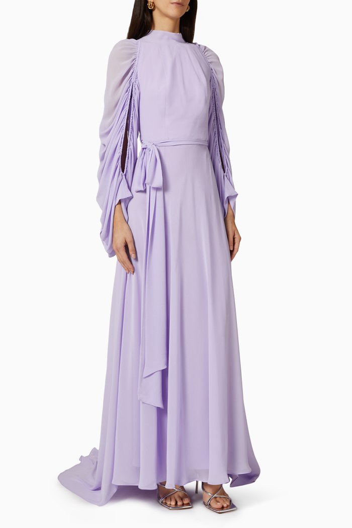 

Ruched-sleeve Maxi Dress in Chiffon, Purple