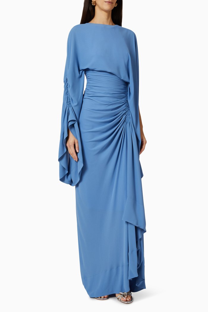

Asymmetric Draped Maxi Dress in Crepe, Blue