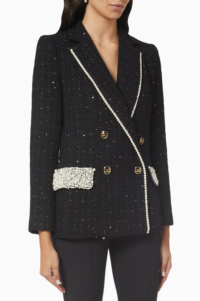 

Embellished Double-breasted Jacket in Tweed, Black