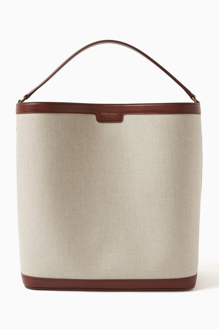 Top-handle Bucket Bag in Linen & Leather, Neutral
