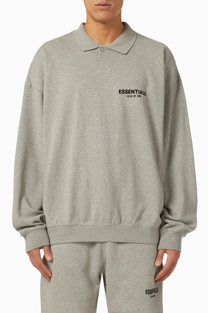 

Long-sleeve Logo Polo Shirt in French Terry, Grey