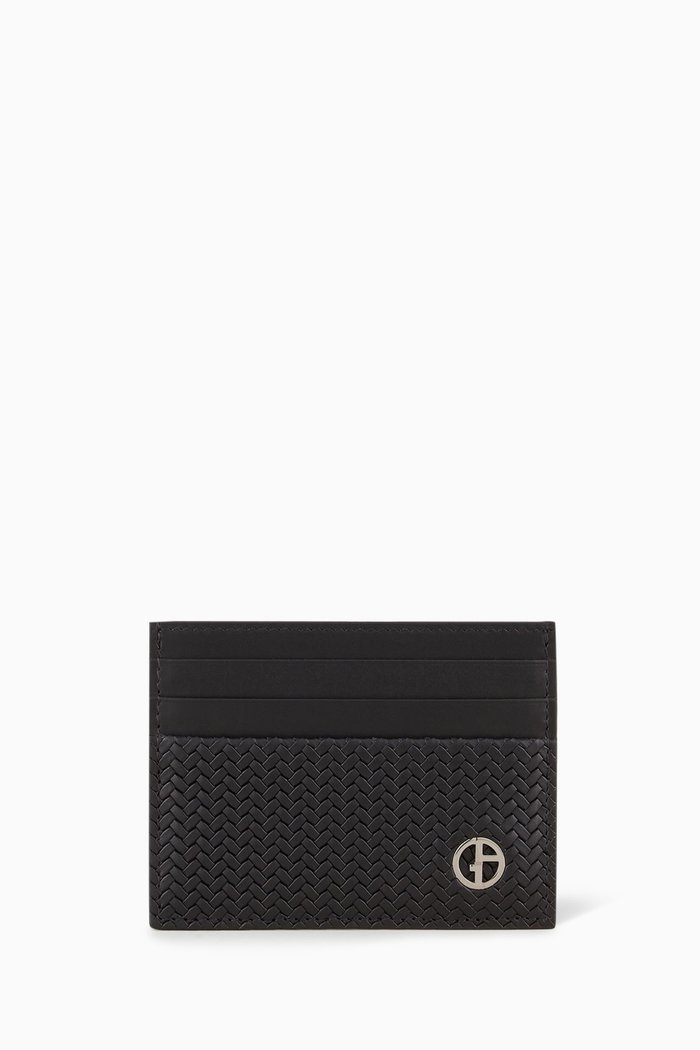 

GA Logo Card Holder in Woven Leather, Black