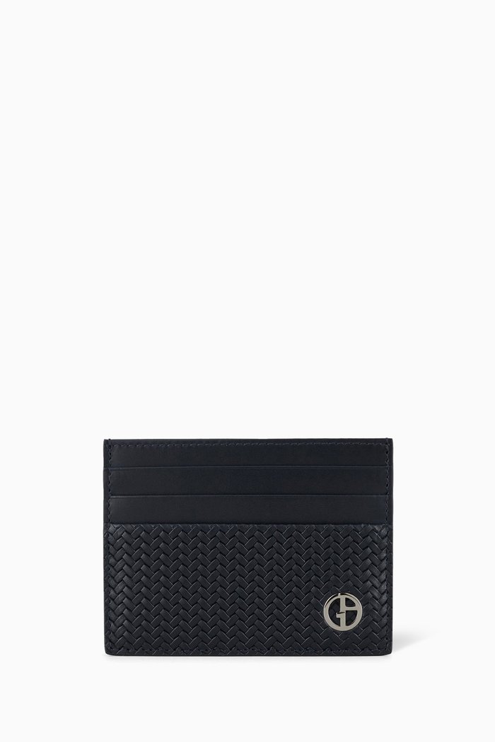 

GA Logo Card Holder in Woven Leather, Blue