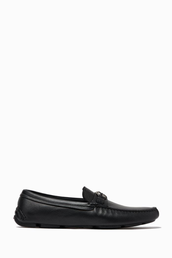 

GA Logo Buckle Moccasins in Deer Leather, Black