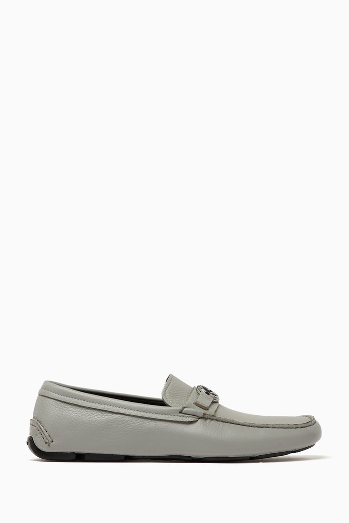 

GA Logo Buckle Moccasins in Deer Leather, Grey