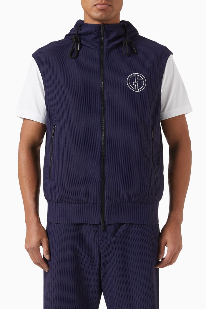 

Logo Hooded Gilet in Technical Waffle Fabric, Blue