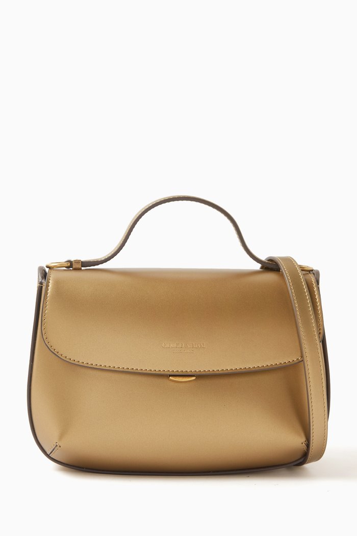 

Small La Prima Crossbody Bag in Laminated Leather, Brown