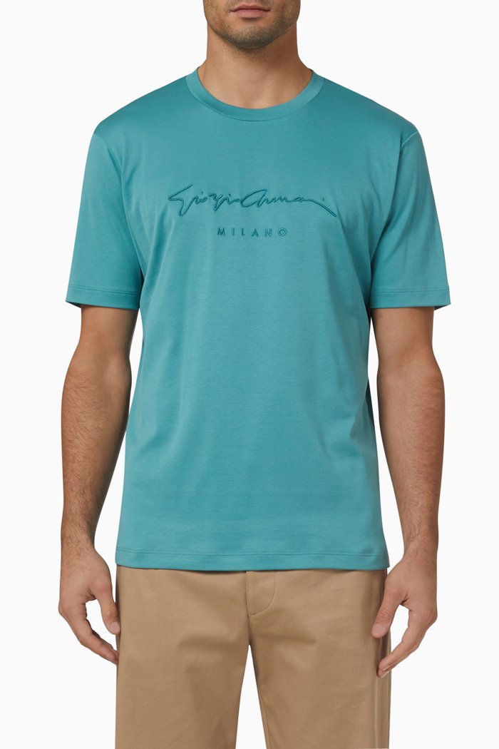 

Signature Embroidered T-shirt in Cotton, Blue