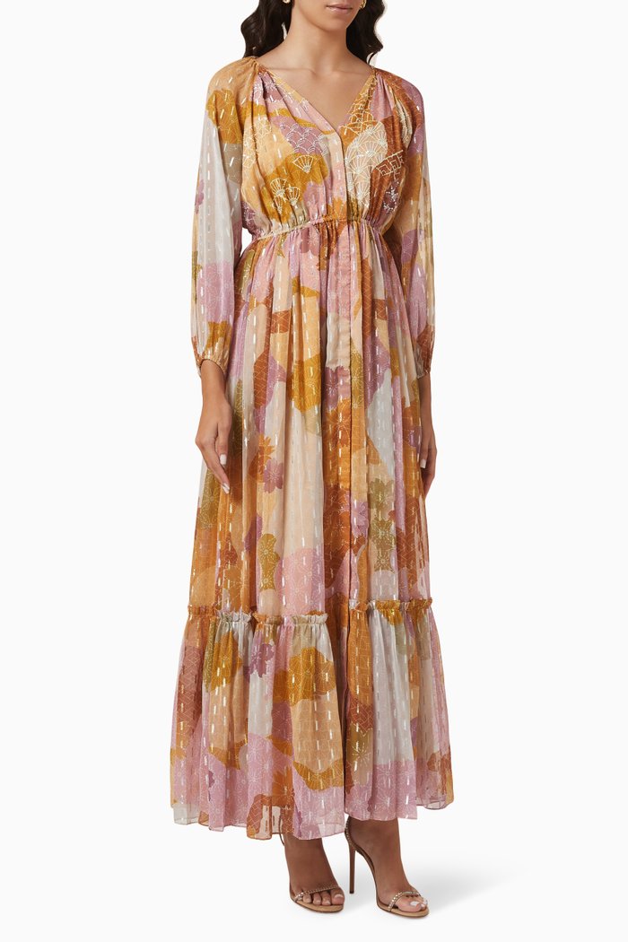 

Printed Maxi Dress in Chiffon-jacquard, Yellow