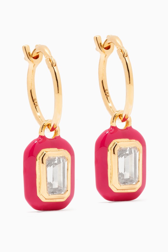 

Enamel & Crystal Charm Mini Hoops in 18kt Recycled Gold-plated Vermeil, Pink