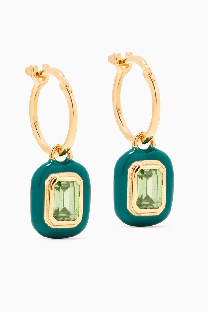 

Enamel & Crystal Charm Mini Hoops in 18kt Recycled Gold-plated Vermeil, Green