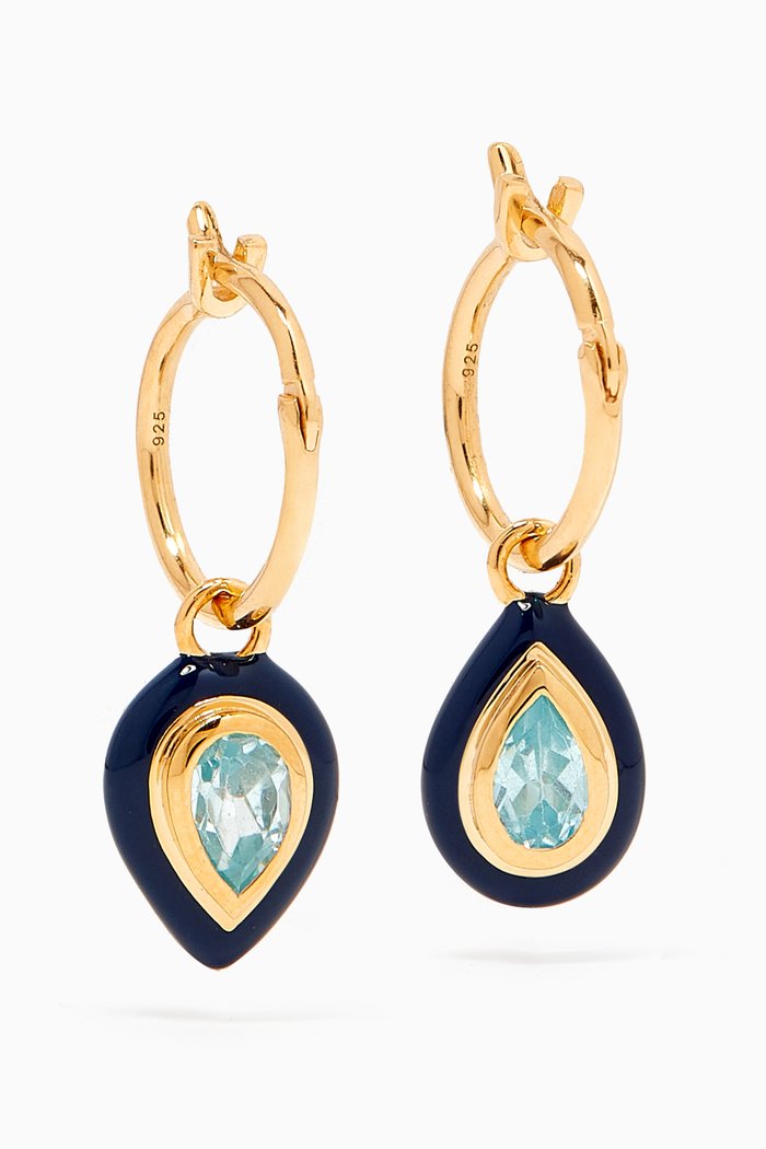

Droplet Enamel & Crystal Charm Mini Hoops in 18kt Recycled Gold-plated Vermeil, Blue