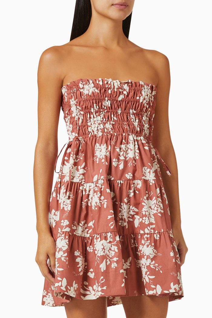 

Cali Shirred Strapless Mini Dress in Cotton, Orange