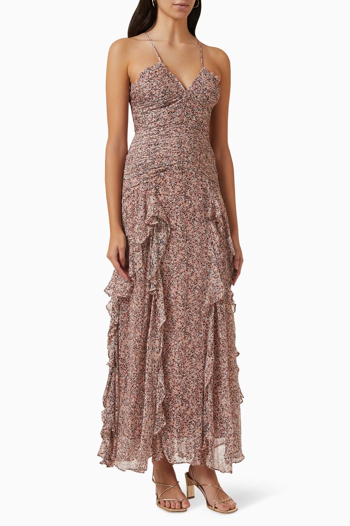Cynthia Ruched Frill Maxi Dress in Viscose, Brown
