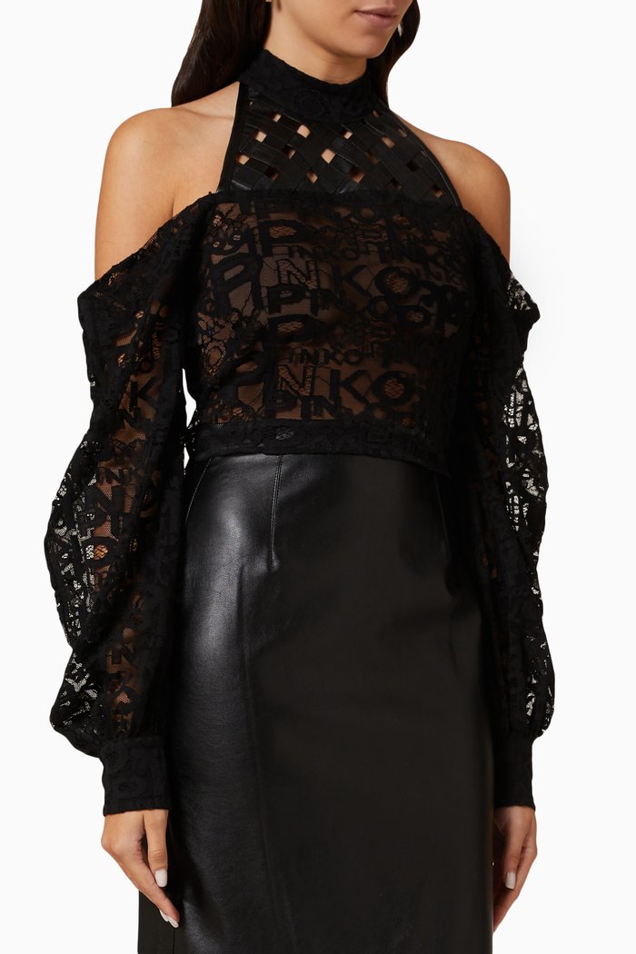

x Hala Algharawi Baitou Cold-shoulder Blouse in Lace, Black