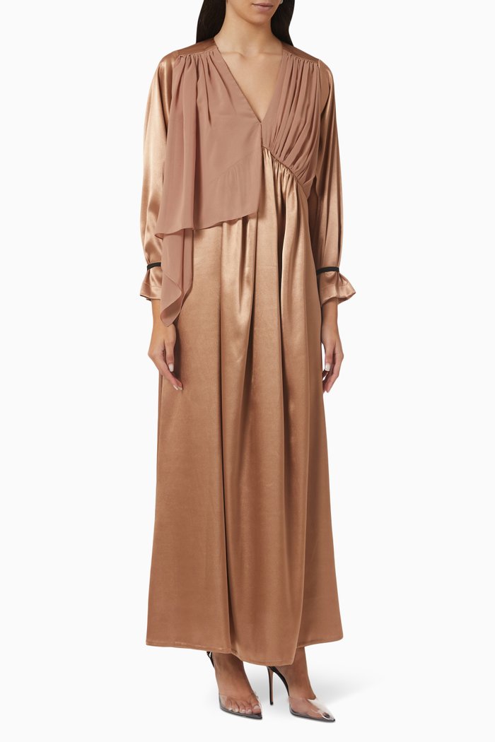 

Pleated Panel Maxi Dress in Satin, Brown