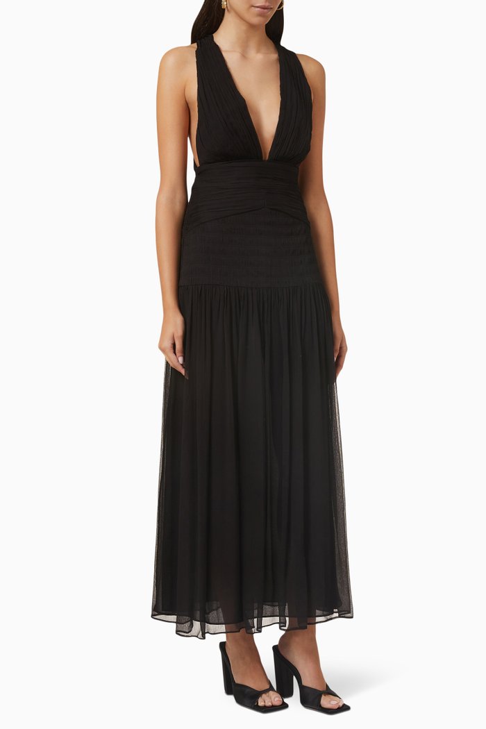 

Lauren Plunged Tie Back Midi Dress in Chiffon, Black