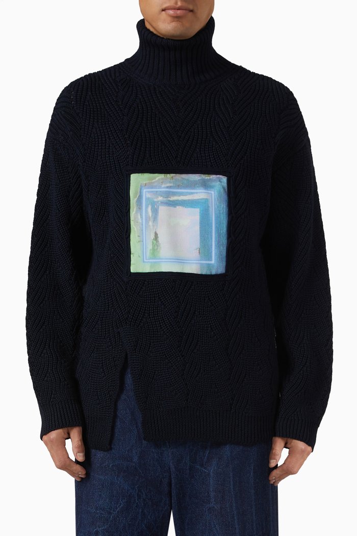 

Graphic Print Sweater in Wool Blend Knit, Blue