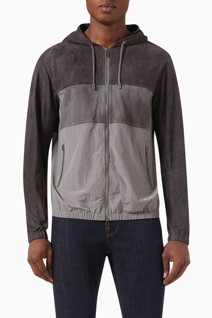 

Colour-block Hoodie in Nylon & Suede, Grey