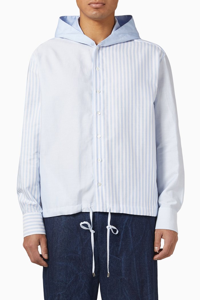 

Striped Hooded Oxford Shirt in Cotton, Blue
