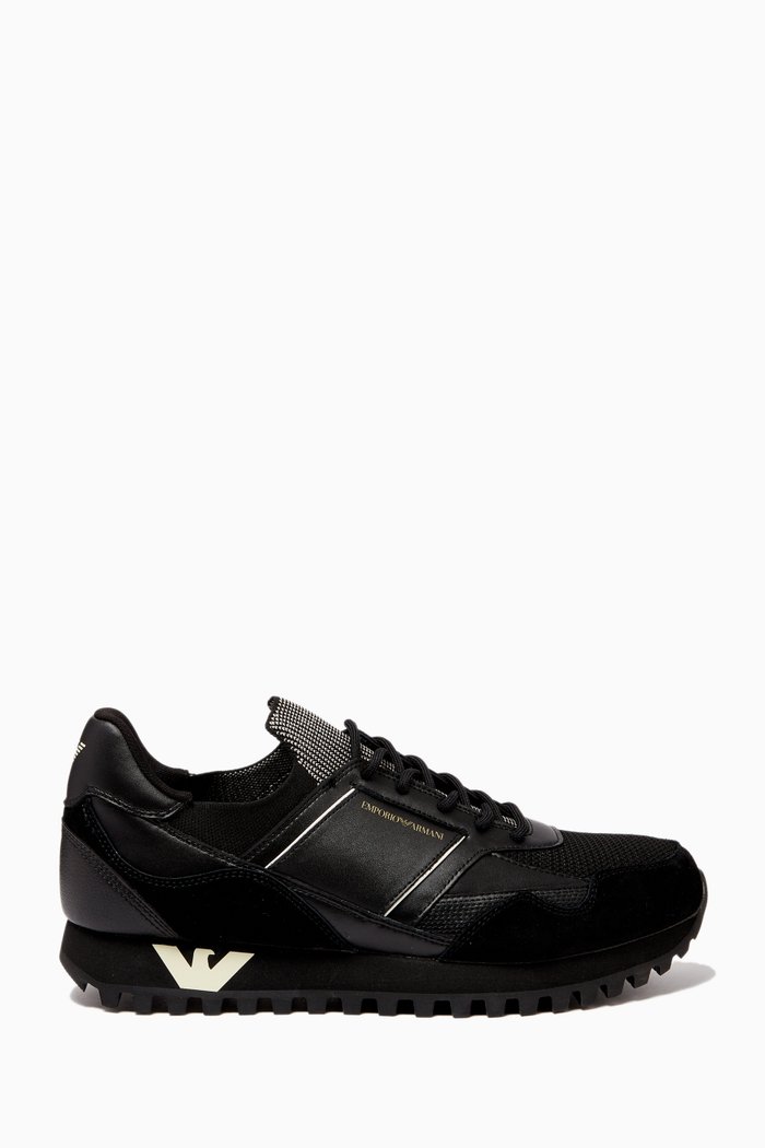 EA Micro Eagle Sneakers in Knit Mesh & Leather, Black
