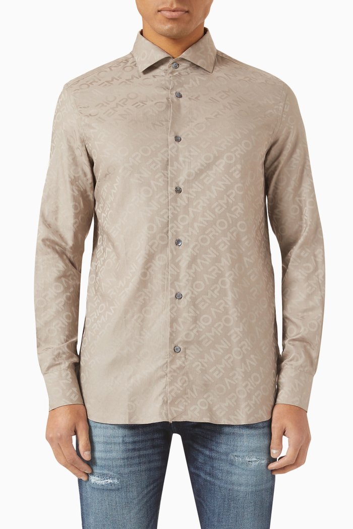 Logo Print Long Sleeved Shirt in Cotton, Neutral