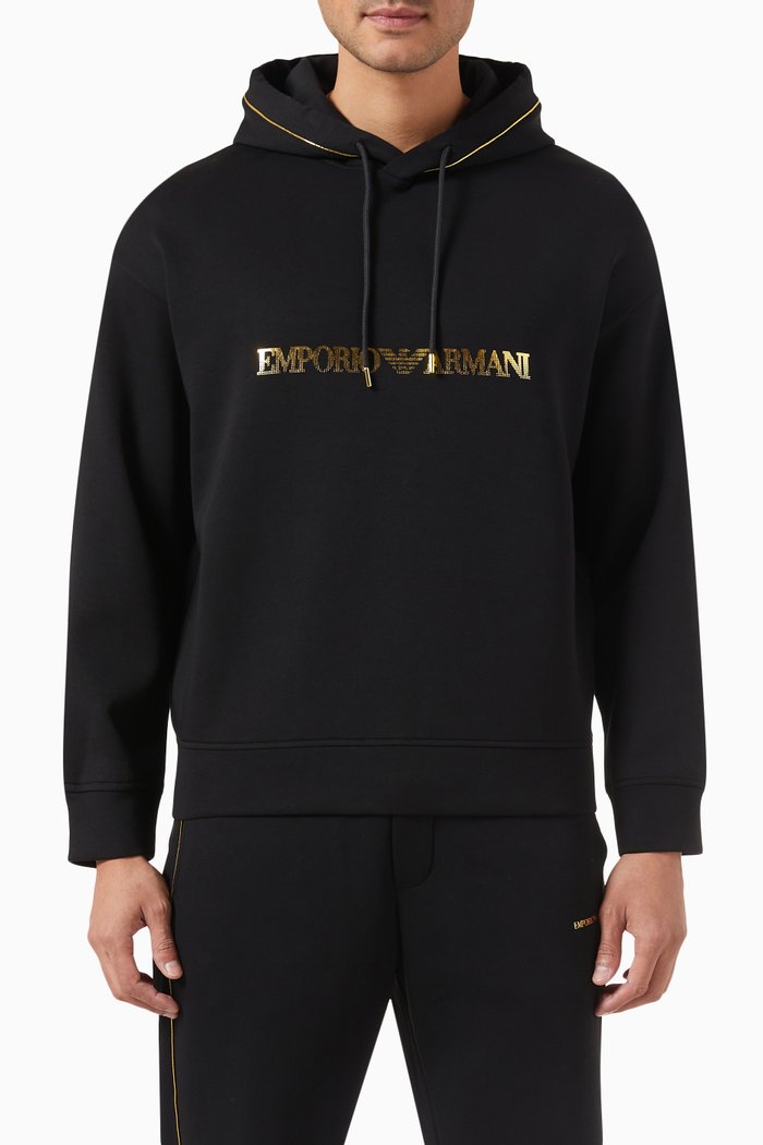 

Piping Foil-logo Hoodie in Cotton Blend, Black