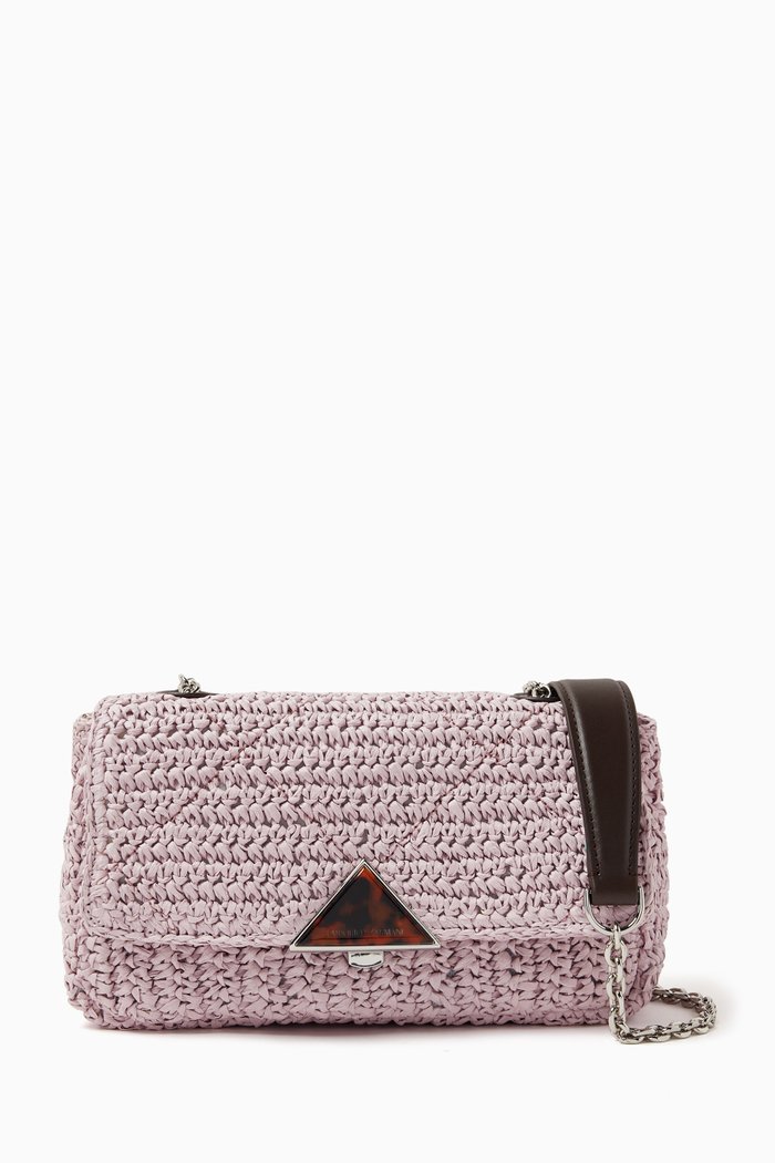 

Logo Flap-over Crossbody Bag in Raffia, Pink