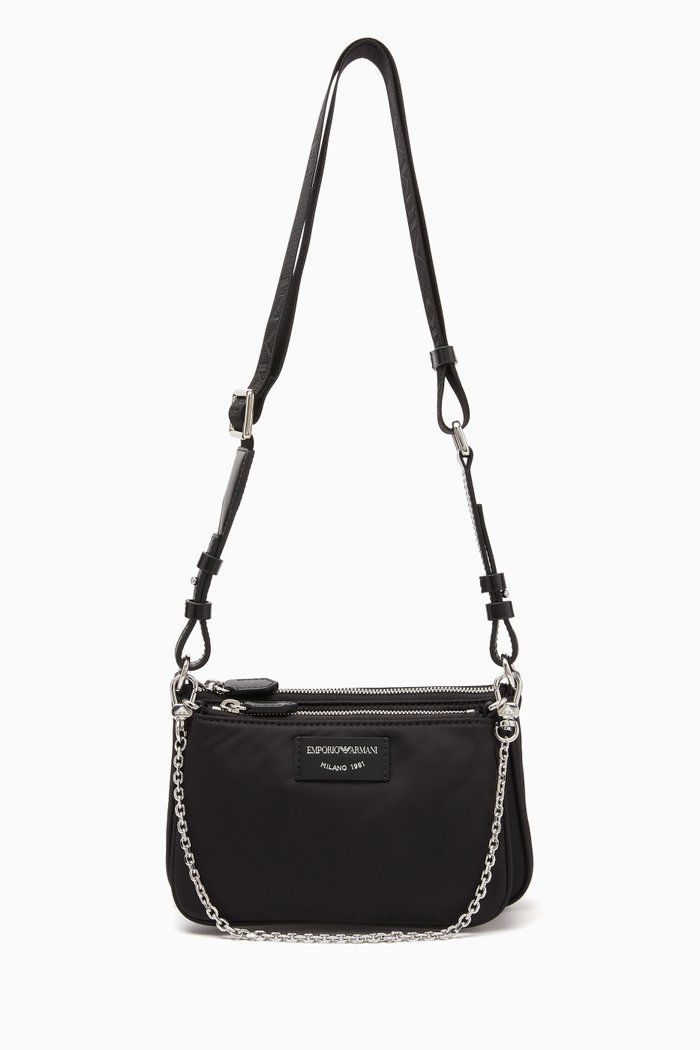 EA Dual Pocket Crossbody Bag in Nylon, Black