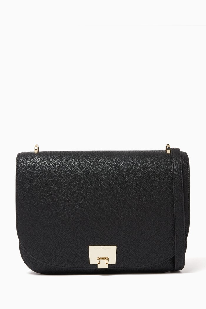 

Front Flap Crossbody Bag in Textured Faux Leather, Black