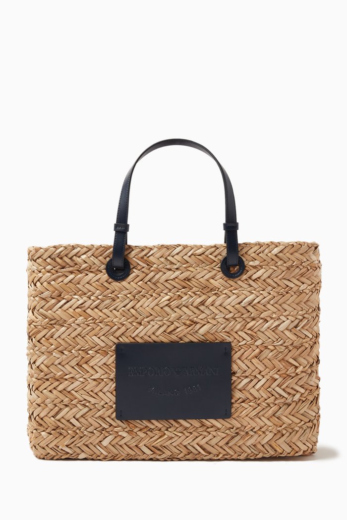 Logo Leather-trimmed Tote Bag in Raffia, Neutral