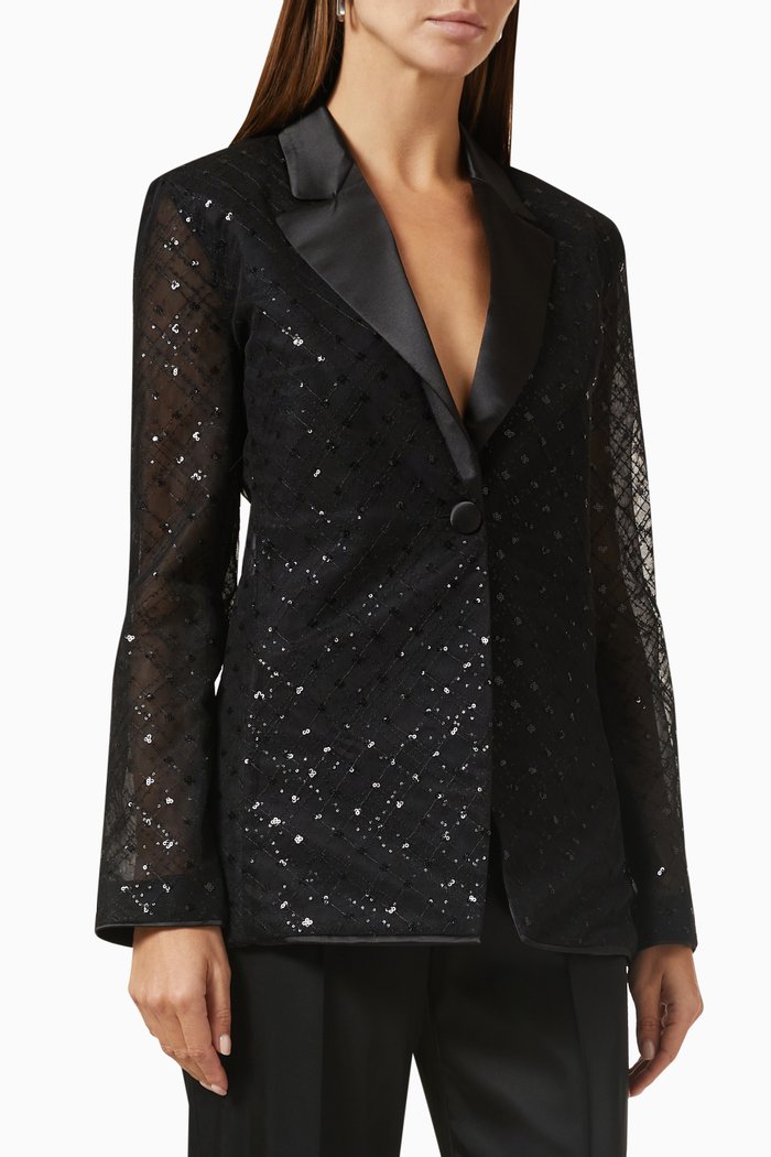 

Sequin-embellished Jacket in Mesh & Satin, Black