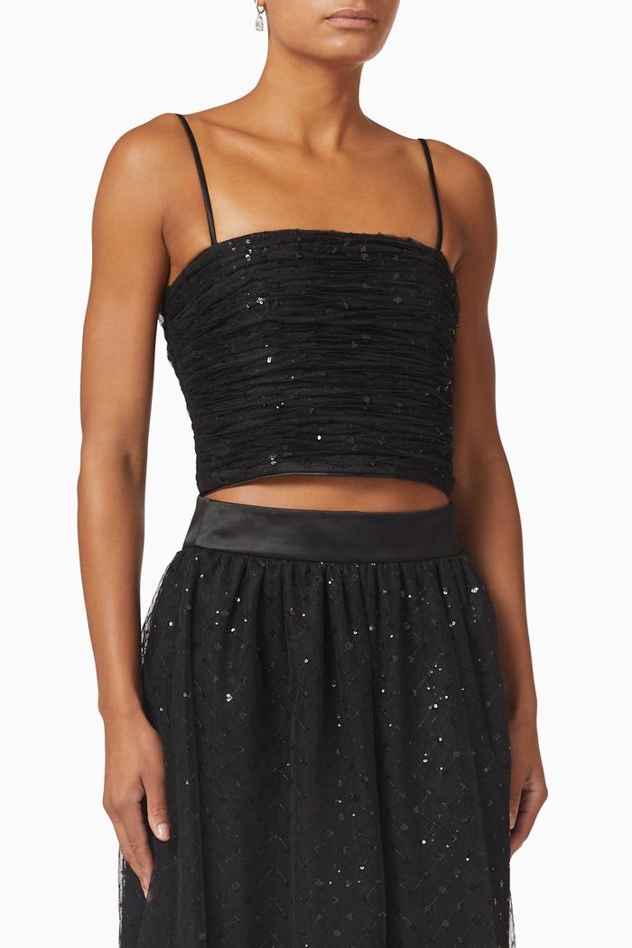 

Sequin-embellished Ruched Top in Mesh, Black