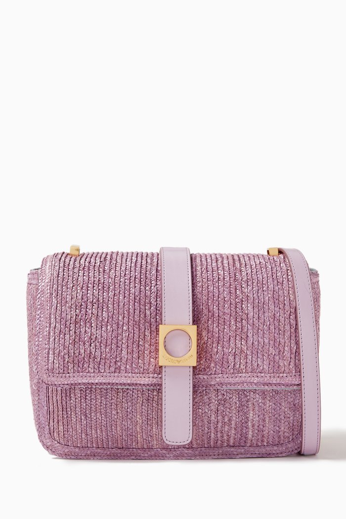 

Logo Flap-over Crossbody Bag in Raffia, Pink