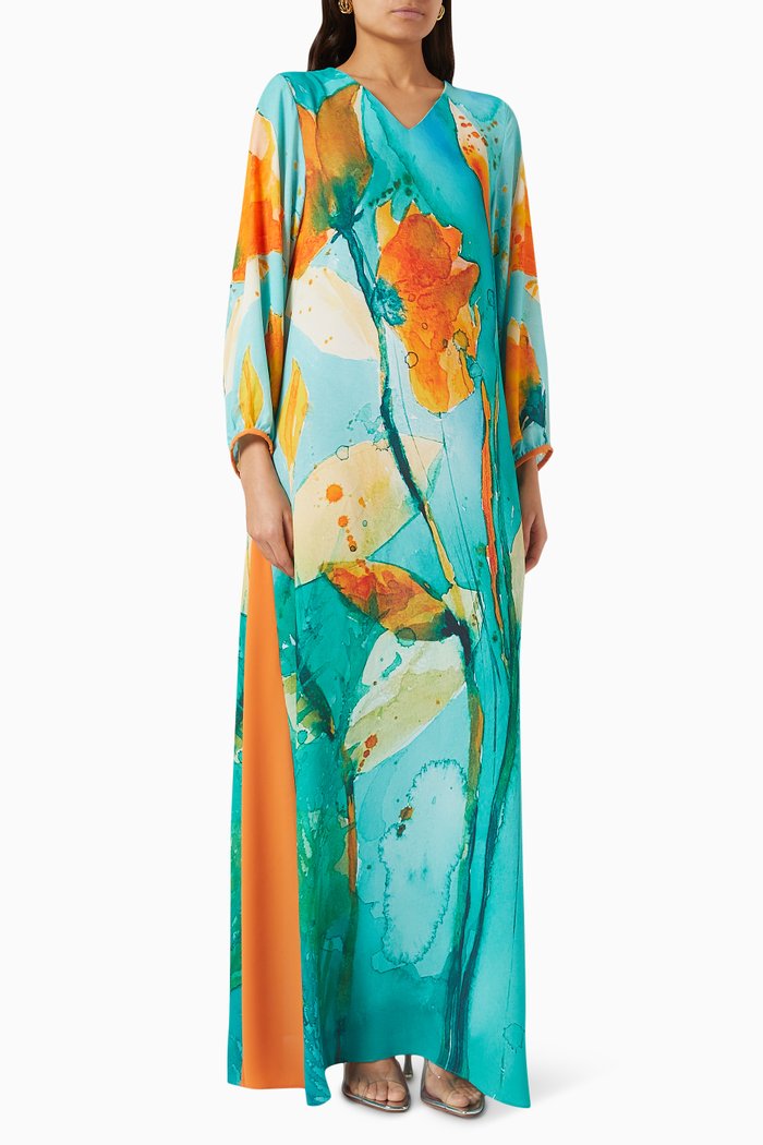 Moroccan-button Printed Kaftan, Blue