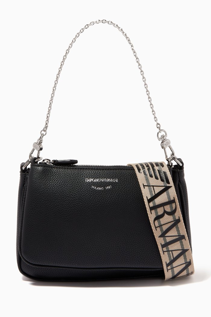

Logo Chain-embellished Shoulder Bag in Leather, Black