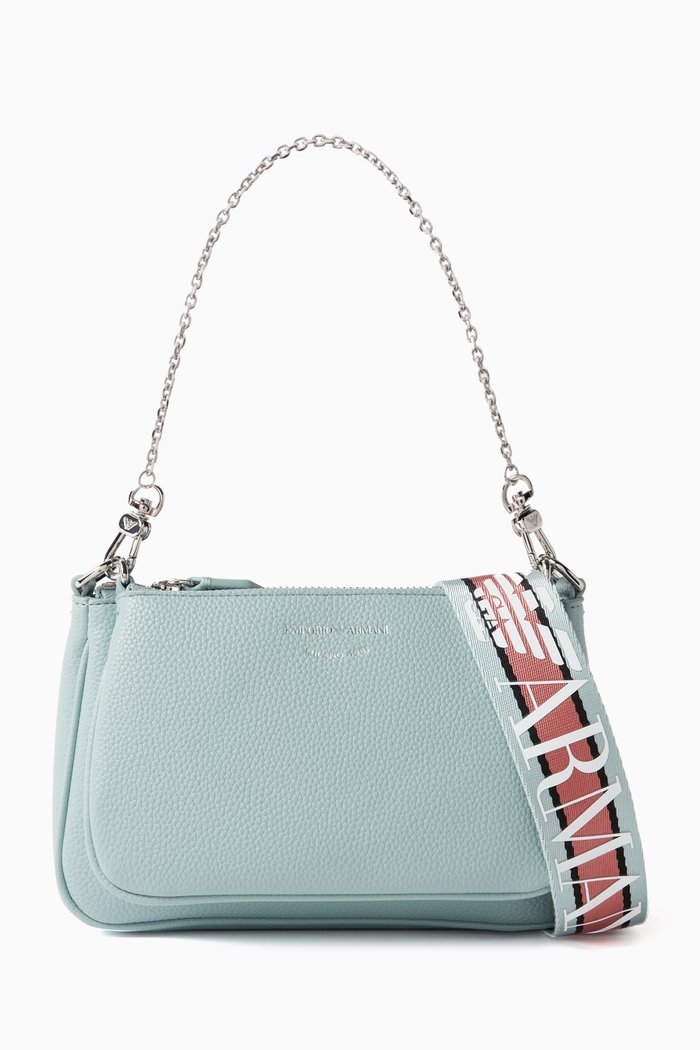 

Logo Chain-embellished Shoulder Bag in Leather, Blue