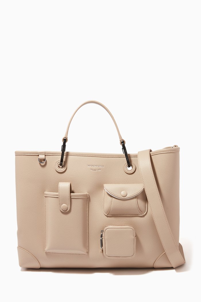 

Multi-pocket Tote Bag in Faux Leather, Grey