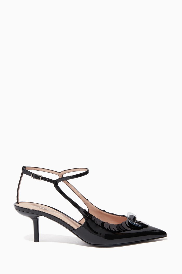 

Sequinned Kitten Heeled Pumps in Patent Leather, Black