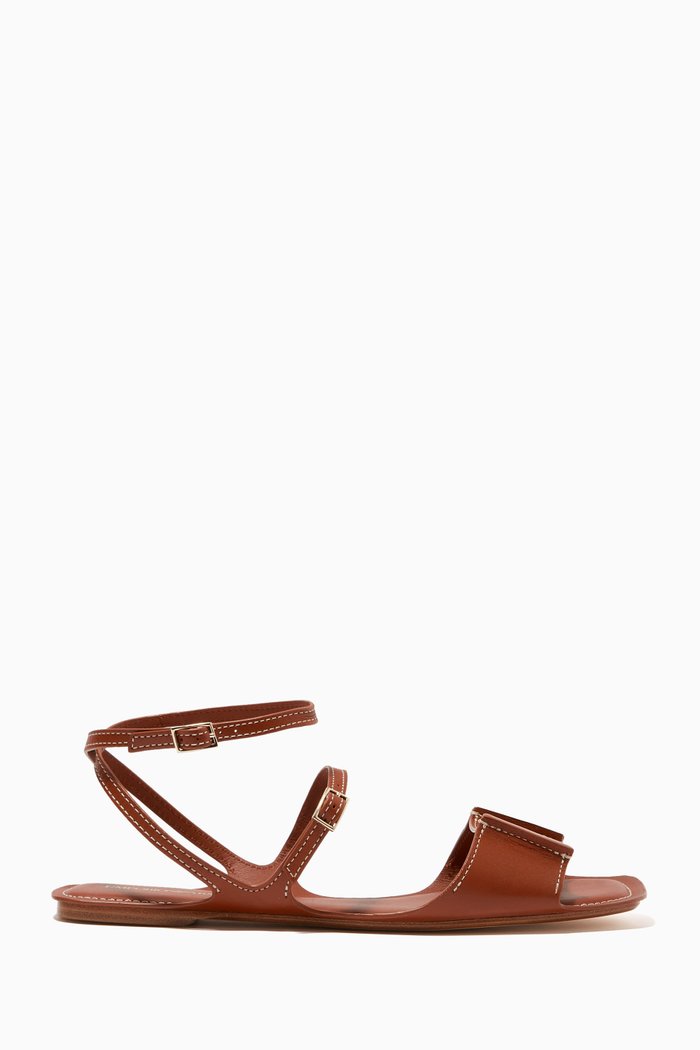 Flat Strap Sandals in Calf Leather, Brown