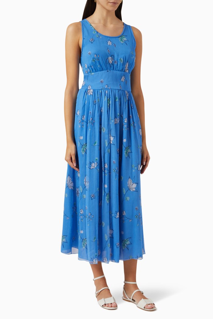 

Floral Tank Dress in Pleated Chiffon, Blue