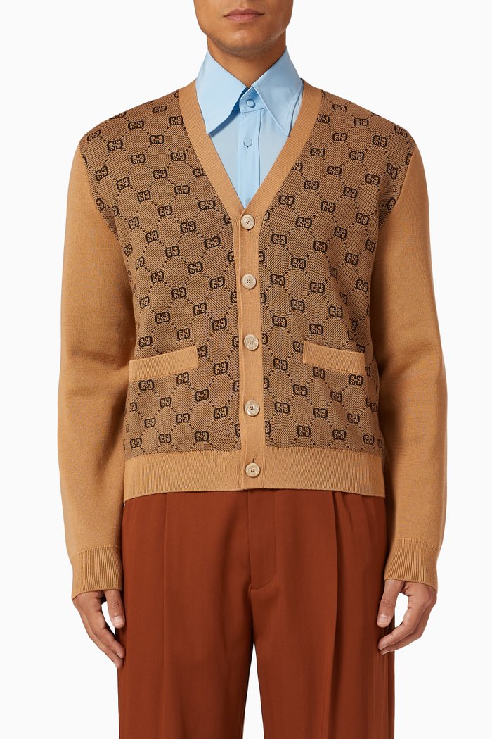 

GG Cardigan in Jacquard Wool, Brown