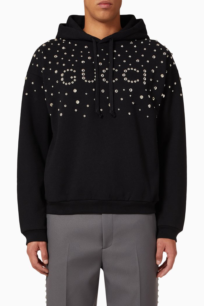 Studded Gucci Motif Hooded Sweatshirt in Felted Cotton Jersey, Black
