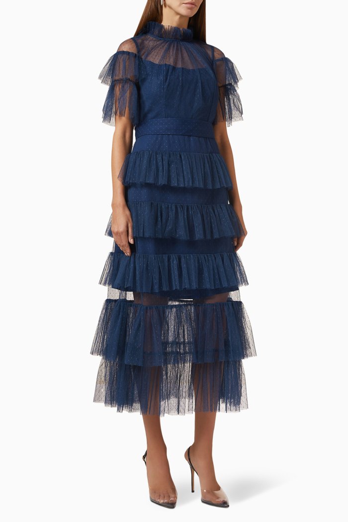 

Tiered Midi Dress in Dotted-tulle, Blue